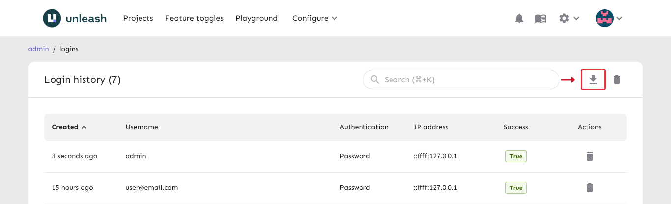 The login history table with the &quot;download login history&quot; button highlighted.